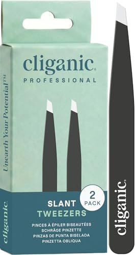 Cliganic Pinzas profesionales para cejas, punta inclinada, precisión para hombres y mujeres, acero inoxidable, ideal para depilar el vello facial de barbilla (negro, paquete de 2)