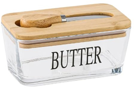 CHEOTIME Mantequera de vidrio con tapa para encimera, recipiente hermético transparente de 500 ml para mantequilla con cortador, bandeja para mantequilla para cocinar, (Naturaleza Madera Color)