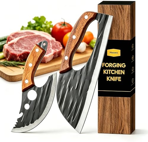 Mooues Hackmesser mit Klingentextur – Breites Küchenbeil aus Edelstahl zum Zerkleinern von Gemüse, Kräutern & Fleisch,Antihaft, robust & leicht zu reinigen (2PC Serbisches Kochmesser)