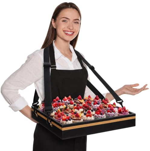 Teenyyou Wooden Vendor Trays with Strap 15 x 11 x 2 Inch Movie Night Party Serving Snack Trays Usherette Popcorn Drink Vending Concessions Tray Beverage Carrier 20's Theme Prop (Gold Trim,Spaces)