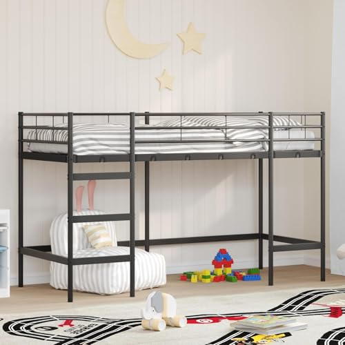 Teenpull Barnloftsäng svart stål 90 x 190 cm med robust metallsängram, väggmonterad huvuddel och praktiskt förvaringsutrymme för barnrum och ungdomsrum