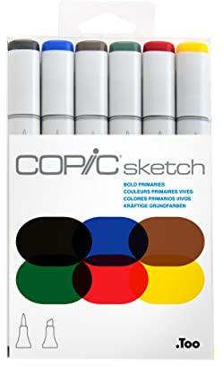 COPIC skissfärgad markörpenna – set med 6 djärva primärer, för konst och hantverk, färgning, grafik, highlighter, design, anime, professionella och nybörjare, konsttillbehör och målarböcker