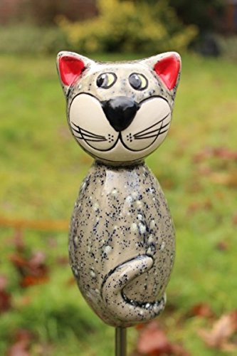 Katze aus Keramik - hellgrau – ca. 17 cm hoch – Gartenstecker