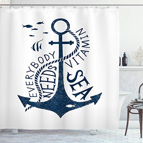 ABAKUHAUS Anker Duschvorhang, Sea Wörter Monochrome, Stoffliches Gewebe Badezimmerdekorationsset mit Haken, 175 x 180 cm, Dunkelblau und Weiß