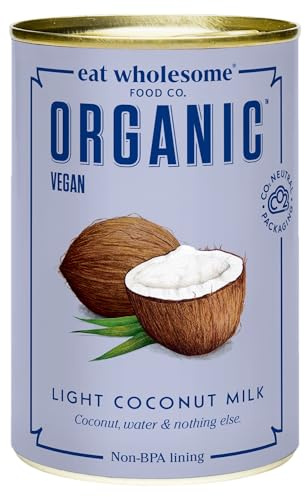 Eat Wholesome Organic Light Coconut Milk, 400ml (Pack of 4) - 100% Natural, Just Coconuts & Water, Reduced Fat, For Cooking & Baking, Vegan, No Guar Gum, Non-BPA Lining