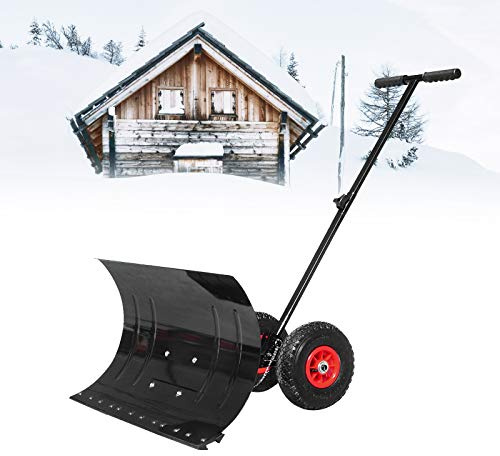 Asina Verstellbarer Schneeschaufeln auf Rädern Schneeschieber mit Höhenverstellbarem T-Griff & 74cm Kunststoffüberzug Blatt Schneeschild Schneefräse Schneepflug zum Reinigen von Schnee und Laub