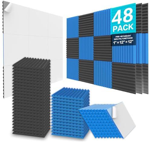 JBER 48 Pack Acoustic Foam Panels, 1 X 12 X 12 Studio Soundproofing Wedges Fire Resistant Sound Proof Padding Acoustic Treatment Foam - Black & Blue