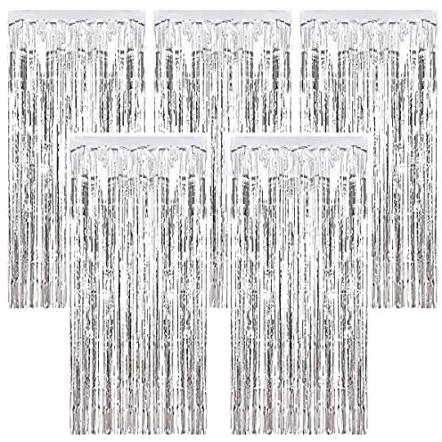 5 Stück metallische Lametta Vorhänge, Tinsel Folie Vorhang/Folienfransen Vorhang, DIY Photo Booth Dekorationen für Hochzeitsfoto Hintergrund Geburtstag Hochzeit Babyparty Feiertag (Silber)
