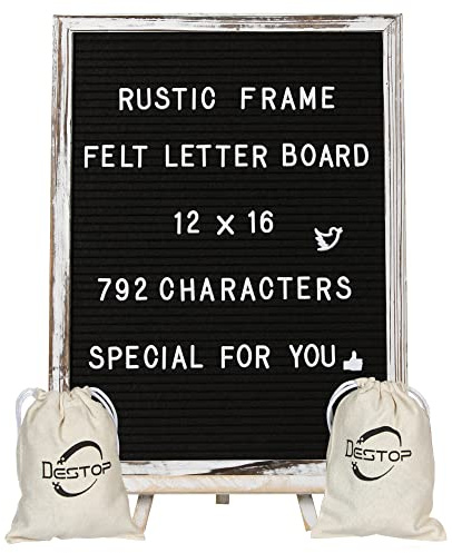 Tablero de fieltro para letras con marco rústico vintage y soporte, 12 x 16 pulgadas, tablero de letras y mensajes intercambiables, incluye 792 letras, números y símbolos, gancho para colgar, 2 bolsas