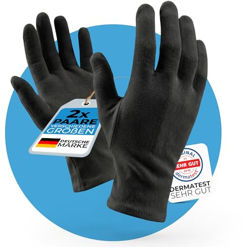 Baumwollhandschuhe schwarz - 100% Baumwolle (Dermatest: Sehr Gut) schwarze Handschuhe als Unterziehhandschuhe für Arbeitshandschuhe, waschbar & mit zertifizierter Hautverträglichkeit (2 Paar, L)