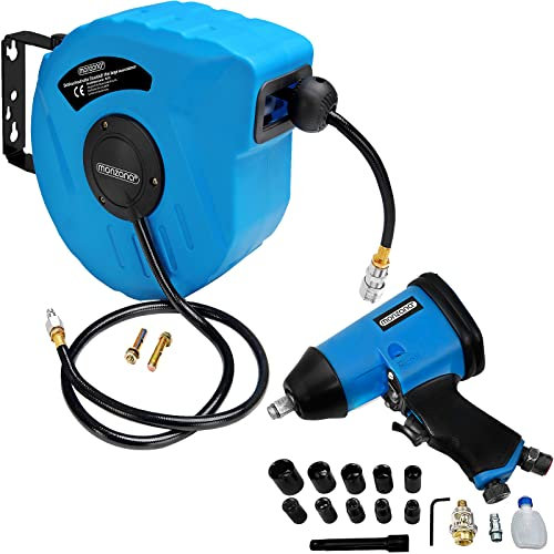 MONZANA® Druckluftschlauch Aufroller automatisch 10m 1/4' Schlauchtrommel inkl. Schlagschrauber Set 17tlg 340 Nm Aufsätze