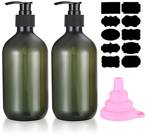 2 stycken 500 ml schampoflaskor för fyllning, duschgelflaska, tomma påfyllningsbara pumpflaskor, tvåldispenser plast för lotion-schampo, med tratt, etiketter (grön)