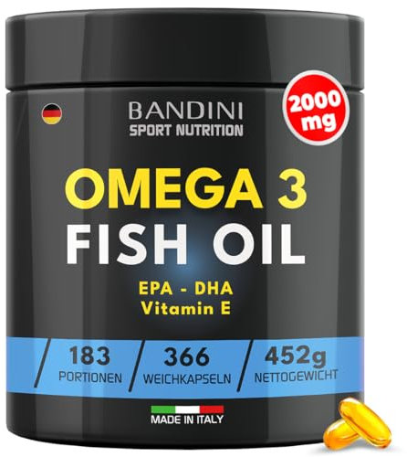 Bandini® Omega 3-366 Softgels, 2000 mg reines Fischöl mit 600mg bioaktiven Triglyceriden EPA und DHA | Fettsäuren für Herz und Gehirn | 2 Softgels/Tag für 6 Monate Versorgung | hochdosiert, GMO-frei