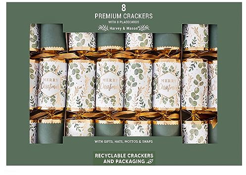 YöL Pack Of 8 Premium Christmas Crackers Eucalyptus Green & Gold Eco Friendly Stylish Luxury Xmas Party