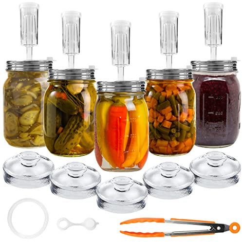 Artcome 28-teiliges Gär-Set, 5 Edelstahl-Gärdeckel, 5 Glasgewichte, 5 Luftschlösser, 6 Silikonösen, 1 Silikonzange für Einmachgläser mit breiter Öffnung (Gläser nicht im Lieferumfang enthalten)