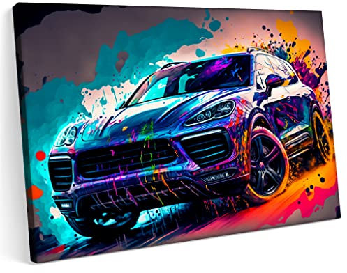 Printonia Bilder Leinwandbild 120x80cm Porsche Cayenne Turbo Car Sport SUV Terrain Race Abstrakte Kunst Art Neon