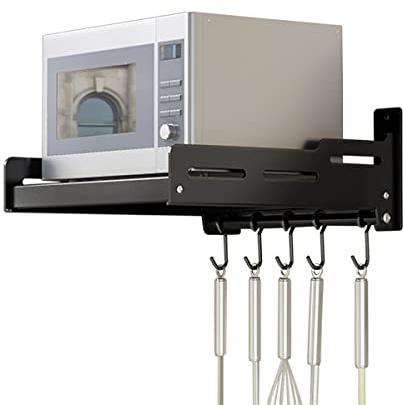 Redwestmelon Microwave Oven Rack Kitchen Shelf, Wall-Mounted Stainless Steel Shelf Holder with 5 Hooks