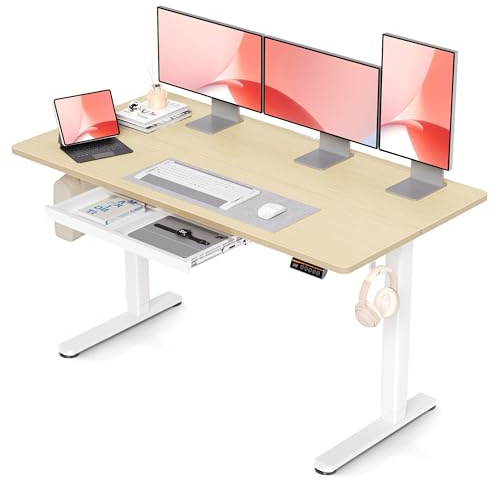 Claiks Electric Standing Desk with Drawer, 140 x 60 cm Height Adjustable Desk,Adjustable Standing Desk for Home Office,Nature