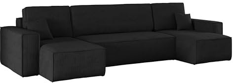Kaiser Möbel, Ecksofa mit schlaffunktion, mit Bettkasten, Schlafsofa Best, Designer U-Form Sofa, Modern Design Couch, Polsterecke, Freistehend -Dicker Cord, Schwarz