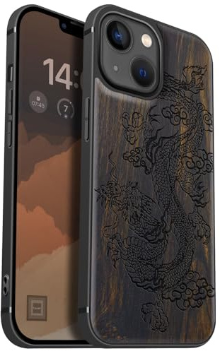 Carveit Étui en Bois pour iPhone 13 Mini, (Sombre-Majestueux Dragon) | Bois Étui de Magnétique Téléphone Antichoc TPU, Protection Case Compatible Magsafe pour iPhone 13 mini Coque