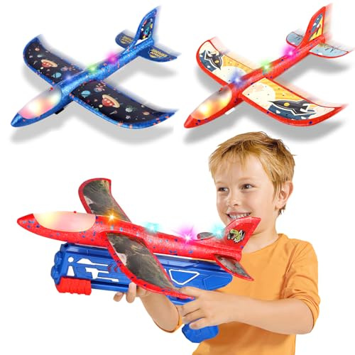 Aereo Polistirolo per Bambini 3 4 5 6 7 8 9 10 Anni, Aereo Giocattolo con Pistola Catapulta Aliante Aeroplano Schiuma Aerei Modellini, Gioco Esterno All'aperto Interattivi Regalo Compleanno Bimbo