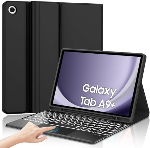 IVEOPPE Funda Teclado para Samsung Galaxy Tab A9+/A9 Plus 11 Pulgadas 2023 | Capa Keyboard Touchpad Retroiluminado QWERTY Español Ñ, Bluetooth Magnético Desmontable Teclado con Portalápices, Negro