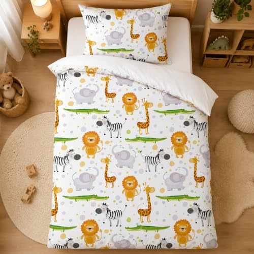 DJDEA Kinderbettwäsche 100 x 135 Safari Tiere Jungen, Mikrofaser Bettwäsche Babybettbezug, Zoo Tiere Bettwäsche Set mit Reißverschluss und Kissenbezug 40 x 60 cm