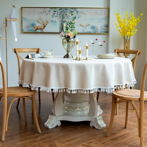 GOEXCPL Runde Tischdecke aus Baumwolle und Leinen mit Fransen, Beige Durchmesser 160 cm, Geeignet für runde Tische von 90-120 cm Durchmesser