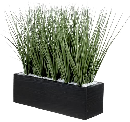 MyGift 12 Inch Artificial Green Grass Plants in Rustic Black Solid Wood Planter Box, Faux Greenery Plant Centerpiece in Decorative Rectangular Wooden Container