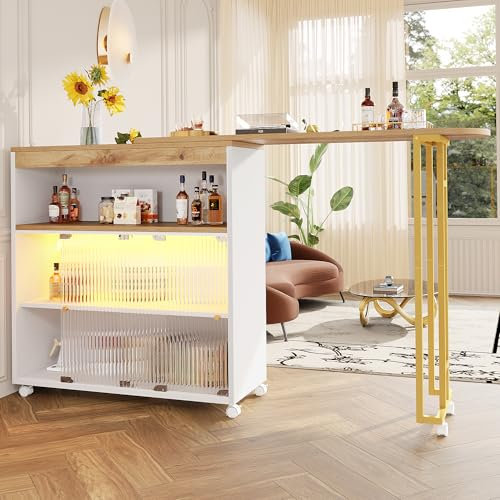 SogesHome Bartisch Ausziehbar Barmöbel Theken mit Stauraum, Beweglicher Teleskopischer Bistrotisch mit LED, Stehtisch Hochtisch Kücheninsel Bistro Esstisch,138-204x39x105 cm