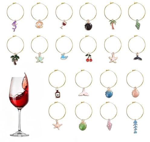 AhhiAboo 20 Stück Weinglas Anhänger Glasmarkierer, Weinglas Charms Ringe, Getränke Markierer Glas Markierung, Anhängerring, Trinkgläser Weinglas für Party, Decorations mit Aufbewahrungstasche