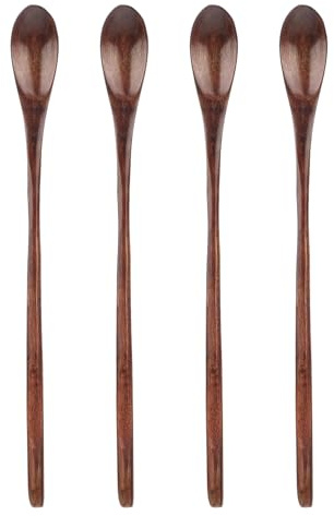 4 Stück Holzlöffel Klein,Honiglöffel Holz,Lange Holzlöffel Esslöffel,Kleine Löffel,Teelöffel,Zuckerlöffel,Suppenlöffel,Kaffeelöffel,Honig Löffel Langgriff Wooden Spoon für Kaffee,Milch,Suppen,Küche