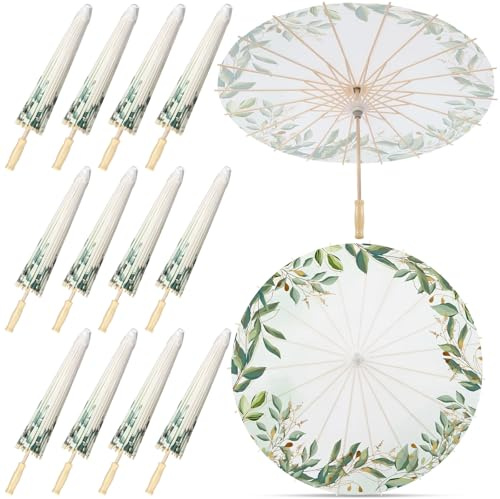 Lemosae 12 Pack Paper Umbrellas Bulk for Wedding, 23.6 Chinese Japanese Parasol Vintage Decorative Sun Umbrella for Bridal Party Tea (Eucalyptus Leaf)