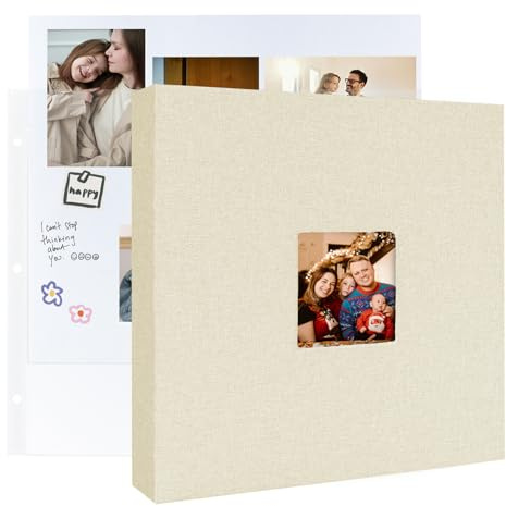 3-Ringbuch, 30,5 x 30,5 cm, großes Scrapbook-Fotoalbum, Leineneinband, Sammelalbum mit 30 Kunststoffhüllen, 60 Seiten, 30,5 x 30,5 cm, weiße Seiten für Hochzeit, Paare, Baby, Reisen