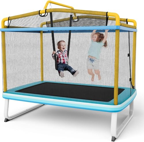 FANTASK 3 in 1 Kindertrampolin, Gartentrampolin rechteckig mit Schaukel, Reckstange