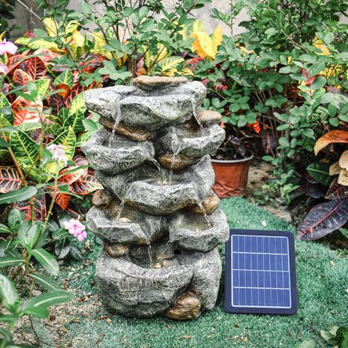 Warmiehomy Solar Water Fountain 5 Tier Rockery Water Features for the Garden, Solar Waterfall with LED & Solar Pumps for Garden Water Features Outdoor, Height 49CM, Grey