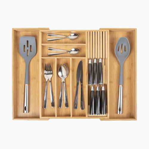 Peak Prime Bamboo Silverware Drawer Organizer for Kitchen – Expandable Utensil Holder & Cutlery Tray with Adjustable Tableware Dividers and Removable Knife Block – Flatware Storage Insert for Drawers