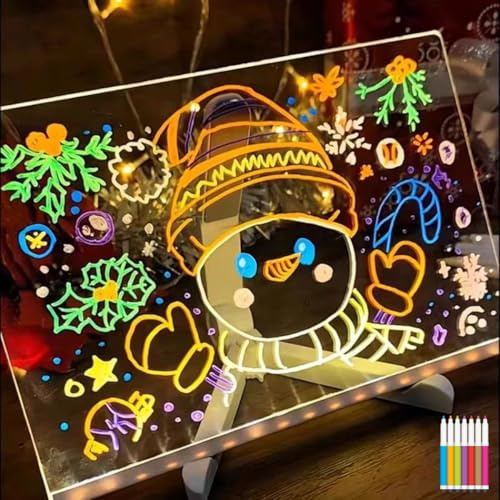 Children's Glow & Write LED Dry Erase Board, Doodle Glow Drawing Board, Acrylic Dry Erase Board with Light, LED Drawing Board for Kids with Stand, 7 Markers, Soft Cloth(M(20 * 20CM))