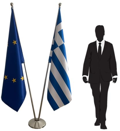 Drapeau Grèce et Union Européenne avec pied et mâts – ensemble protocolaire officiel pour ambassades, administrations publiques, universités, conférences et cérémonies diplomatiques. Code CN3-EU-GR