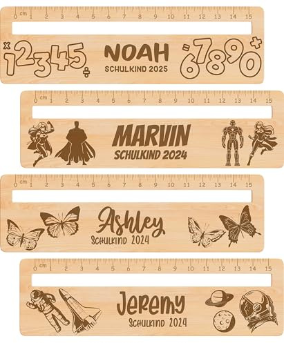 Meinearmbänder Personalisierter 15 cm Holzlineal – Laserbedruckt mit Namen und süßen Motiven – Lesehilfe Geschenk zur Einschulung – Für Jungen & Mädchen – Perfekt als Schultüten-Füllung