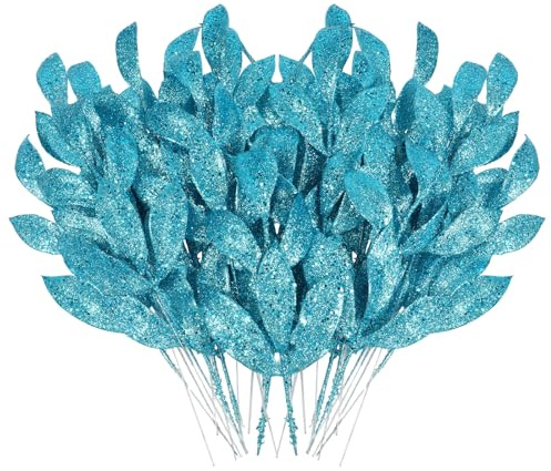 MWOOT 16 Piezas Hojas Artificiales con Purpurina, Ramas Artificiales Navidad Azul, Adornos para DIY Manualidades Guirnalda Árbol de Navidad Mesa Decoración del Hogar y Jardín