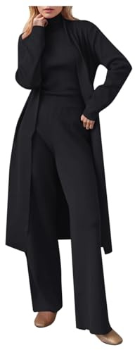 Completo da donna in 3 pezzi per primavera autunno cardigan abbigliamento sportivo maglia pantaloni maglione set alla moda tre pezzi coordinato set abbigliamento lounge, 02# Nero, Taglia unica
