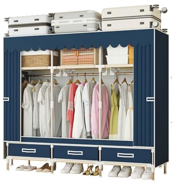 ArluKin Portable Wardrobe Closet Durable and Easy to Assemble Heavy Duty Clothes Rack with Non-Woven Cover Fabric Best for Bedroom and Easy Storage and Organization (Blue-A)