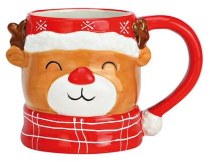 Generisch Weihnachtstasse Rentier Elch Design, 3D Keramik, 10 cm Höhe, Rot und Braun, Festliche Kaffeetasse mit Weihnachtsmütze Weihnachtstasse für Kinder, ideal als Geschenk Weihnachtsbecher
