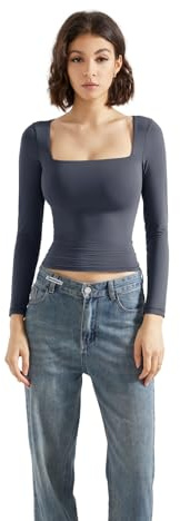 SUUKSESS Women Square Neck Long Sleeve Tops Double Lined Going Out T Shirts Grey