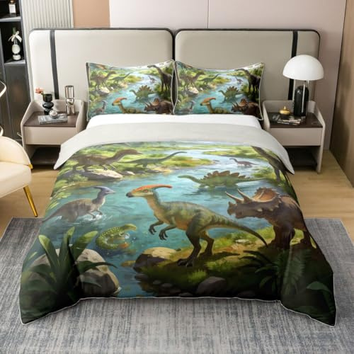 Castle Fairy Watercolor Dinosour Kids Duvet Cover Set Queen Size 100% Cotton,Jungle Animals Theme Bedding Set,Dino Ancient Animals Girls Boys Room Decor,Blue Green,2 Pillowcases(No Filler)