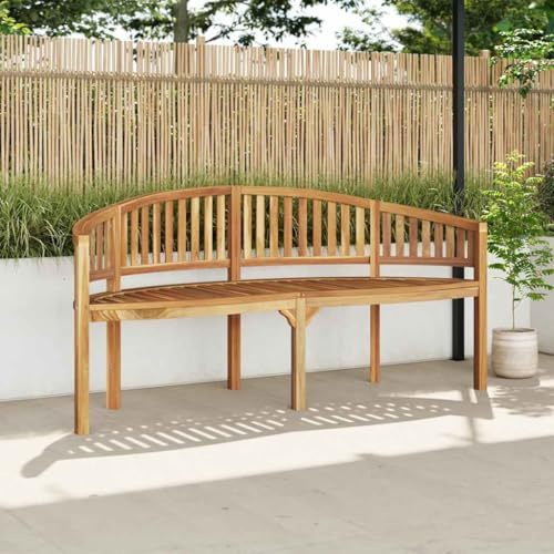 Pyvara Bananenbank 180 cm aus massivem Teakholz mit Rückenlehne und Armlehne, wetterfest und pflegeleicht für Garten, Terrasse, Balkon, Veranda, stabil, langlebig, platzsparend