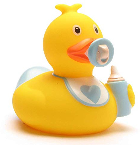 Duckshop I Badeente Baby Junge I Quietscheente I L: 7,5 cm I Quietscheentchen I Geschenk zur Geburt I Präsent Baby-Shower I Gender-Reveal