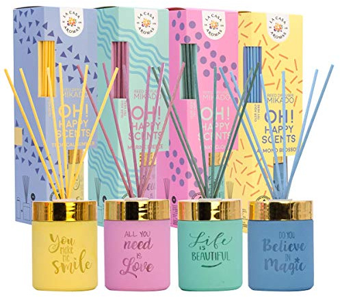 La Casa de los Aromas - Pack Ambientador Mikado - Set Difusores Líquidos con Varillas - Fragancia Duradera con Mensaje - Decoración Ideal para el Hogar, Baño, Casa - 4 x 100 ml