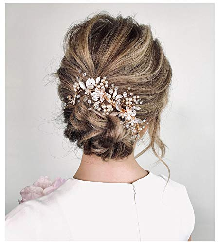 SWEETV Gold Wedding Hair Clip Comb Handmade Bridal Hair Accessories for Women Wedding
